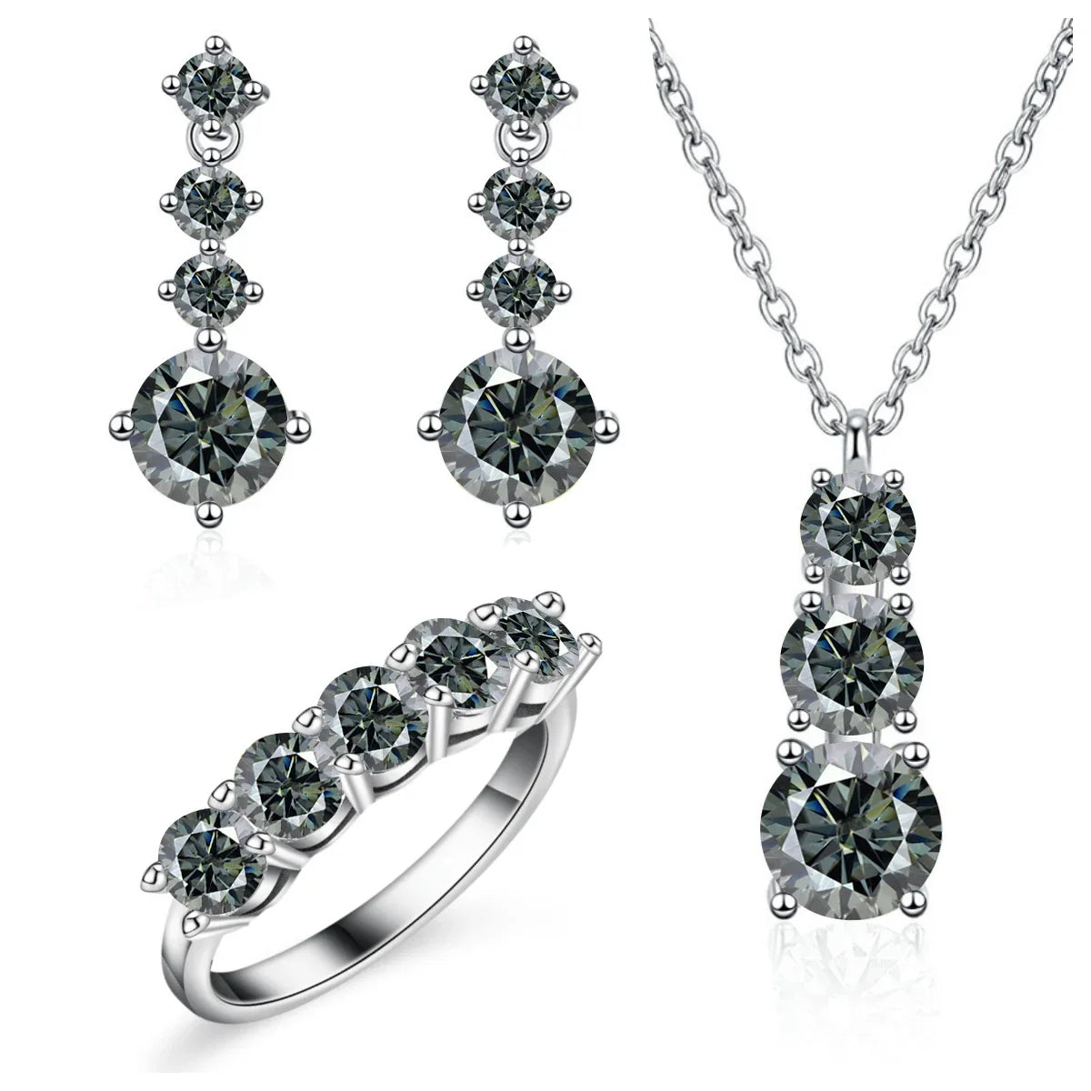 Graduated Moissanite Necklace, Drop Earrings & Ring Set