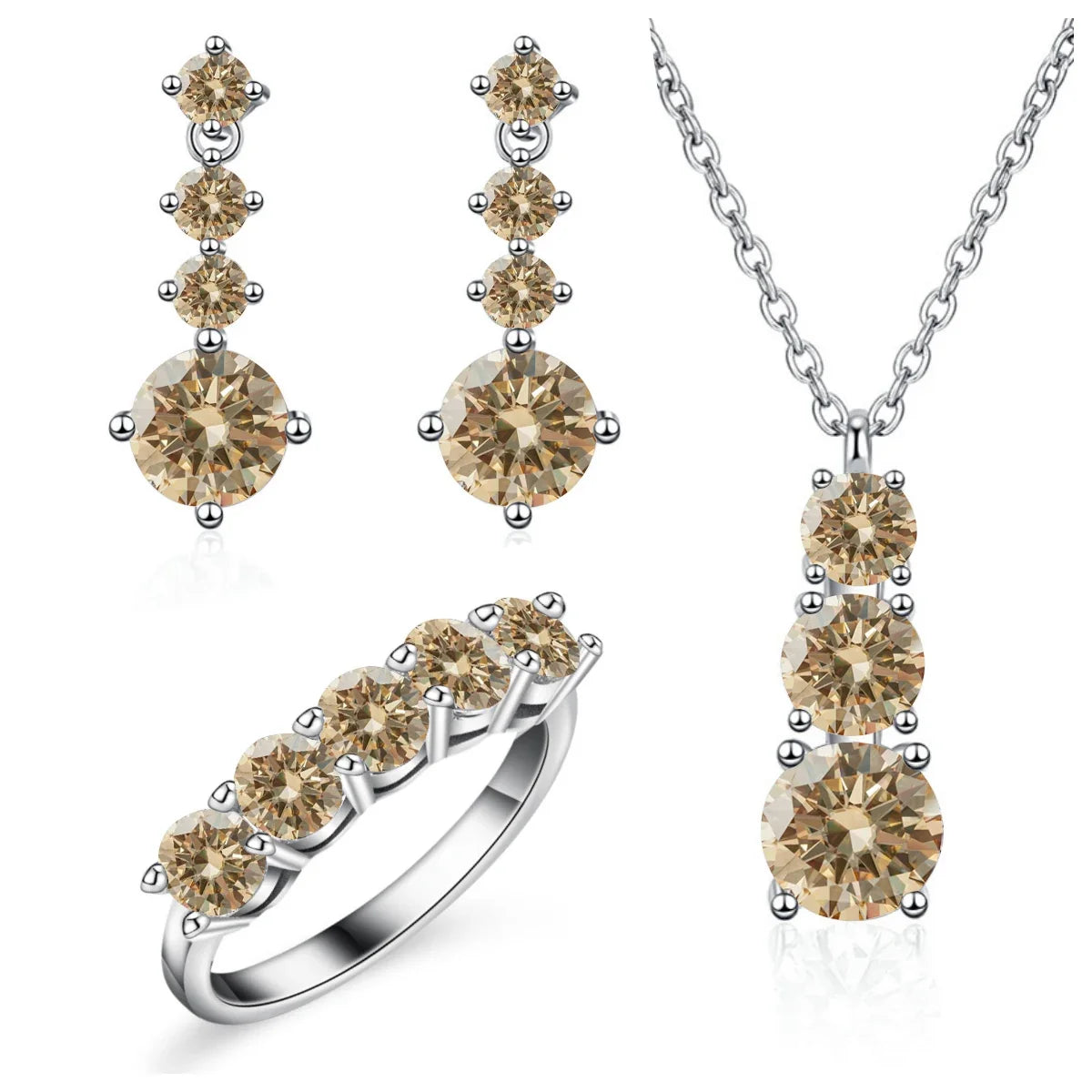 Graduated Moissanite Necklace, Drop Earrings & Ring Set