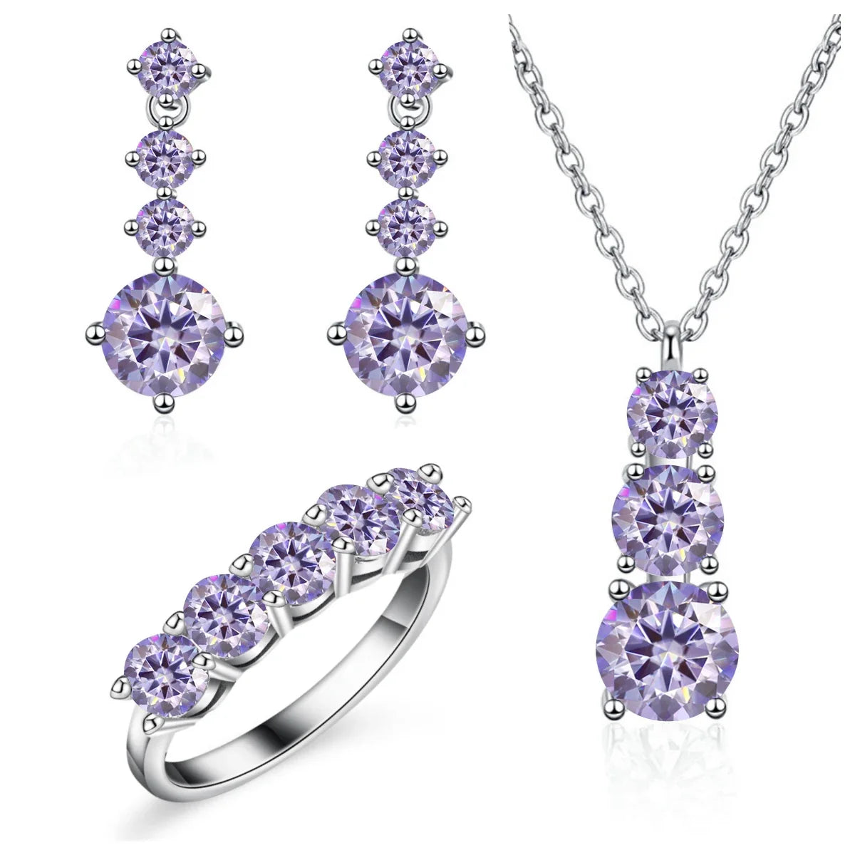 Graduated Moissanite Necklace, Drop Earrings & Ring Set
