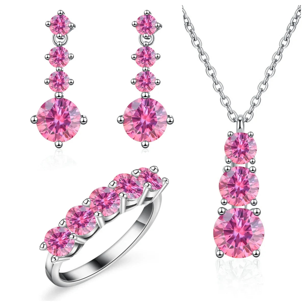 Graduated Moissanite Necklace, Drop Earrings & Ring Set