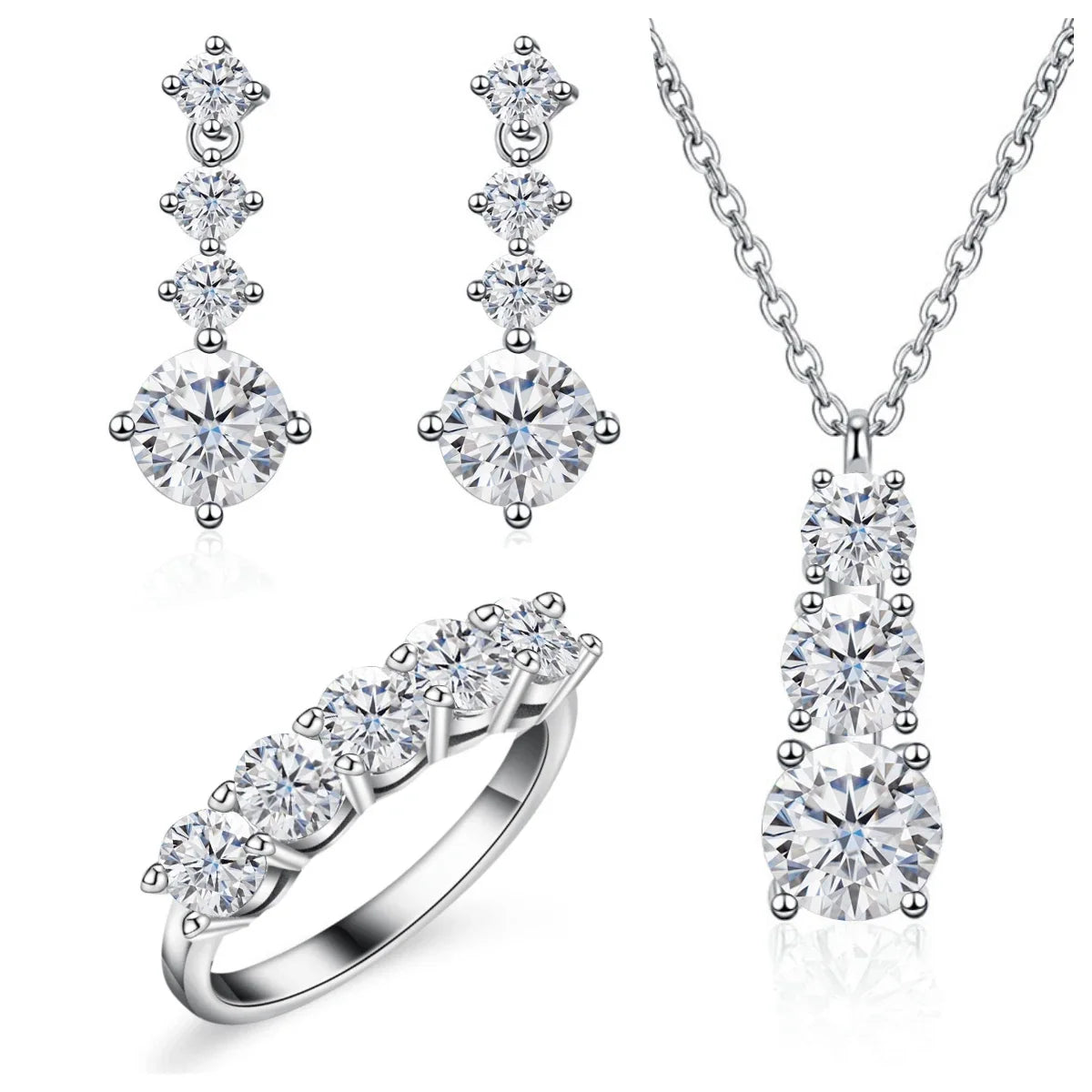 Graduated Moissanite Necklace, Drop Earrings & Ring Set