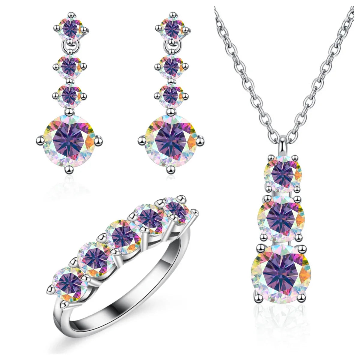 Graduated Moissanite Necklace, Drop Earrings & Ring Set