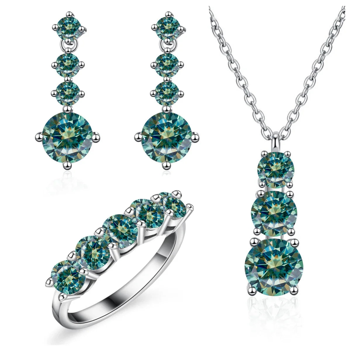 Graduated Moissanite Necklace, Drop Earrings & Ring Set