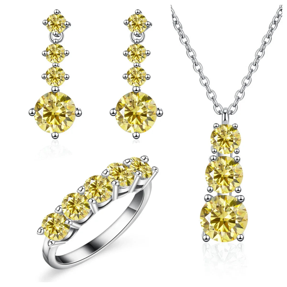 Graduated Moissanite Necklace, Drop Earrings & Ring Set