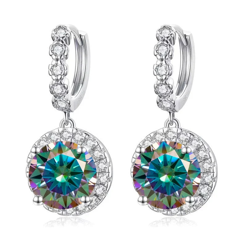 Colored Round Halo Moissanite Hoop Drop Earrings