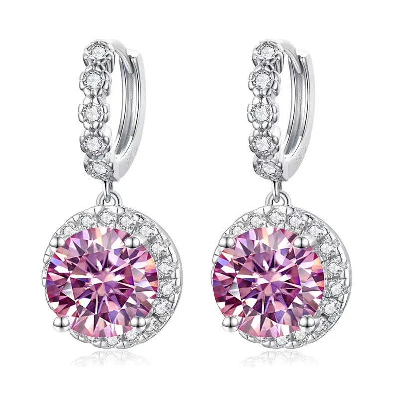 Colored Round Halo Moissanite Hoop Drop Earrings