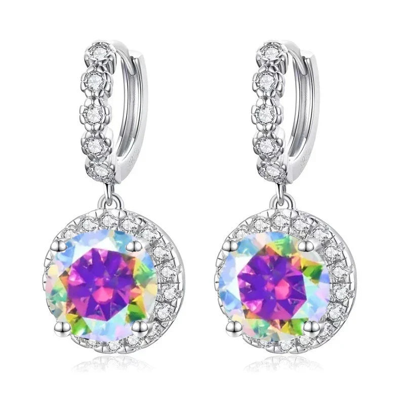 Colored Round Halo Moissanite Hoop Drop Earrings