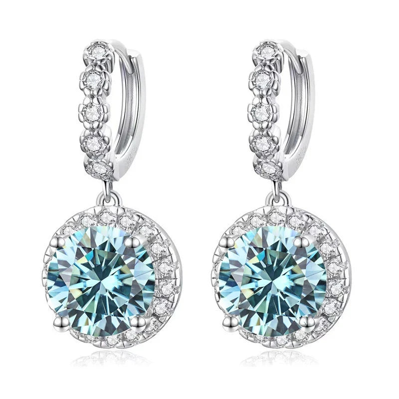 Colored Round Halo Moissanite Hoop Drop Earrings