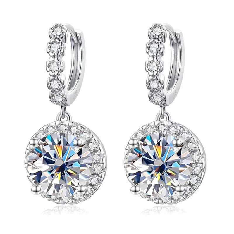 Colored Round Halo Moissanite Hoop Drop Earrings