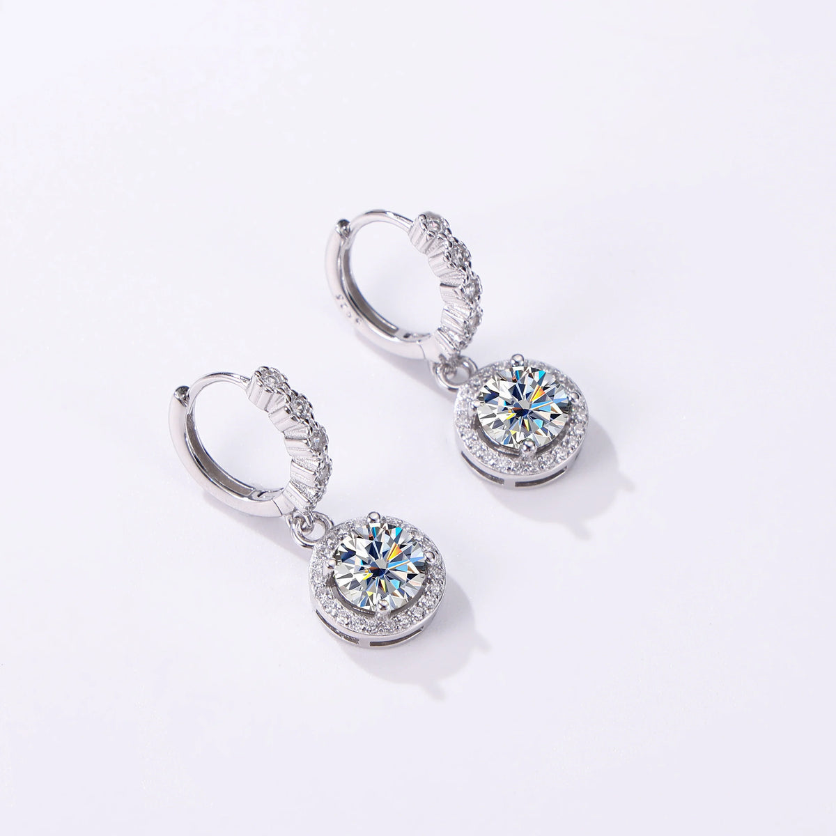 Colored Round Halo Moissanite Hoop Drop Earrings