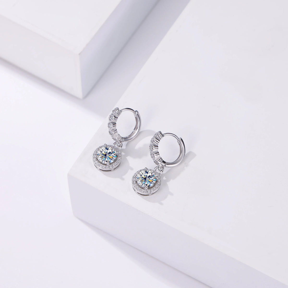 Colored Round Halo Moissanite Hoop Drop Earrings