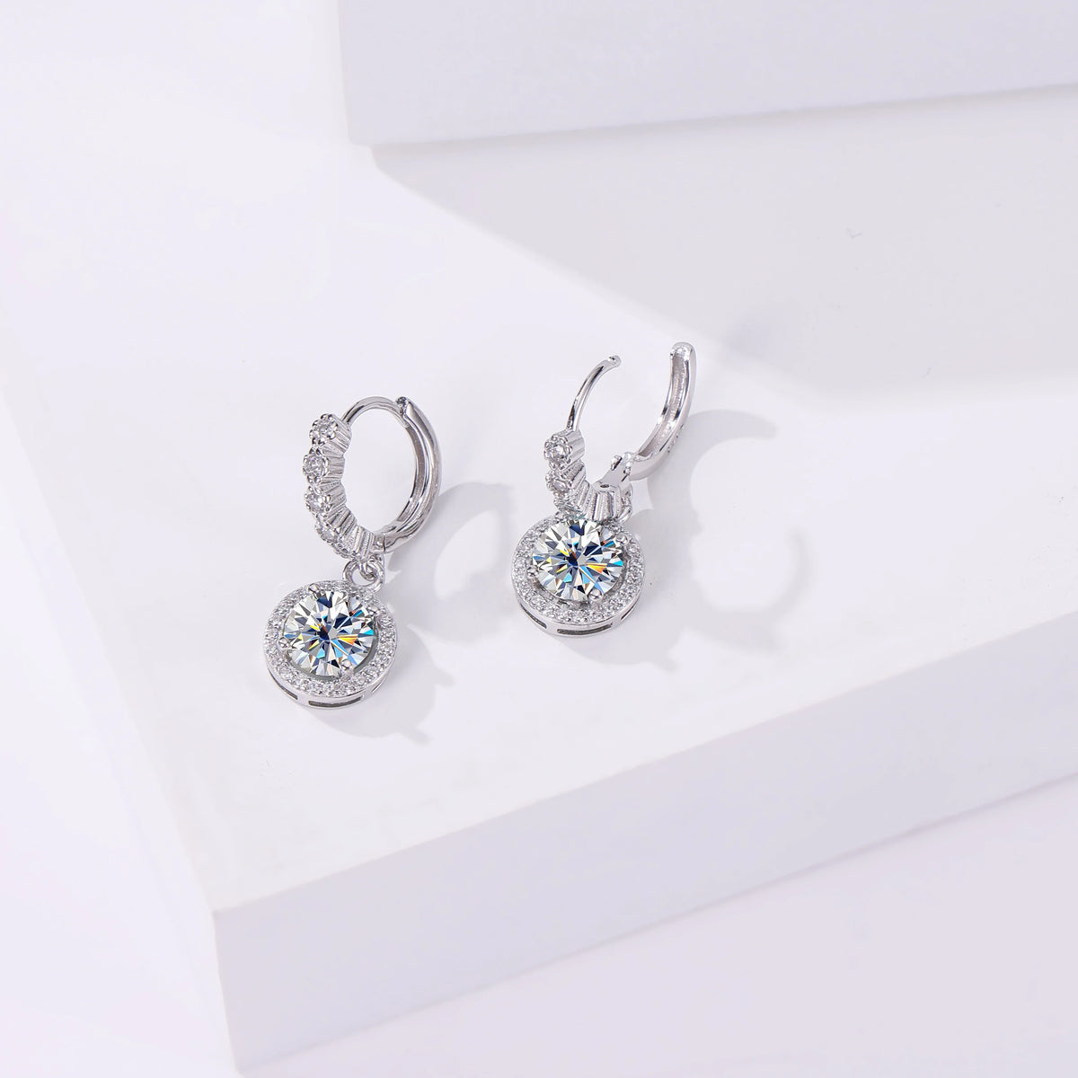 Colored Round Halo Moissanite Hoop Drop Earrings