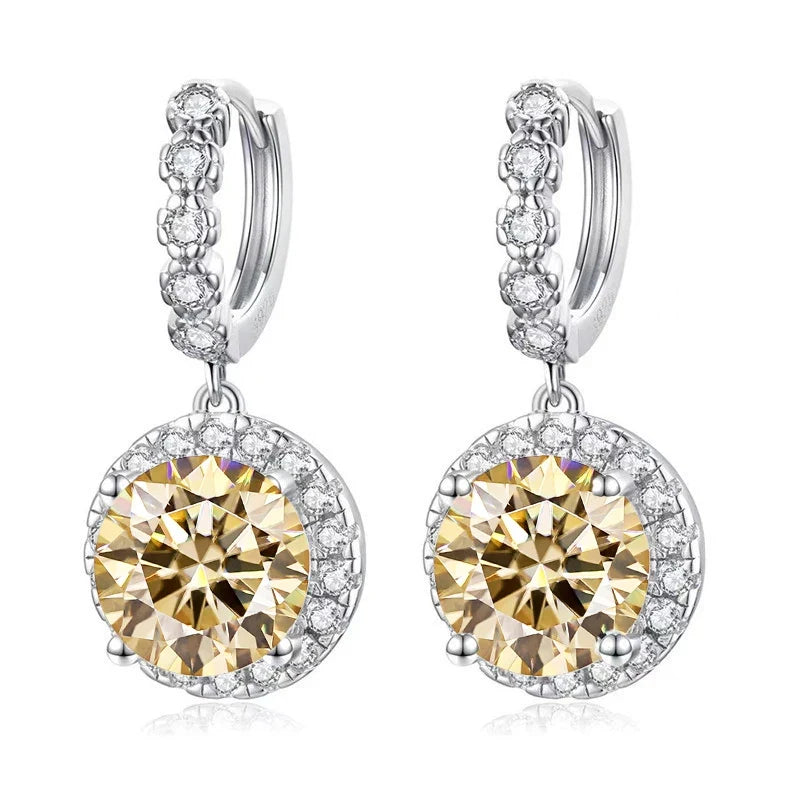 Colored Round Halo Moissanite Hoop Drop Earrings