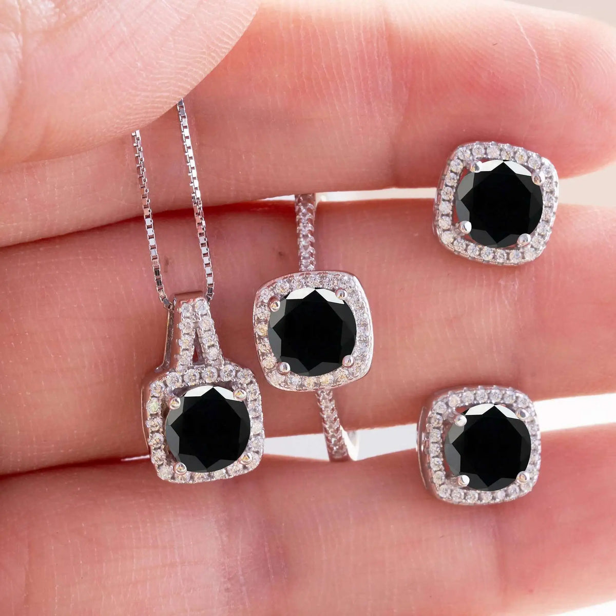 Cushion Halo Moissanite Ring, Stud Earrings & Necklace Set