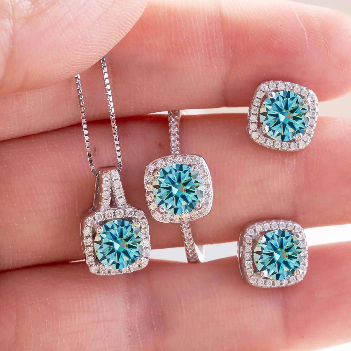 Cushion Halo Moissanite Ring, Stud Earrings & Necklace Set