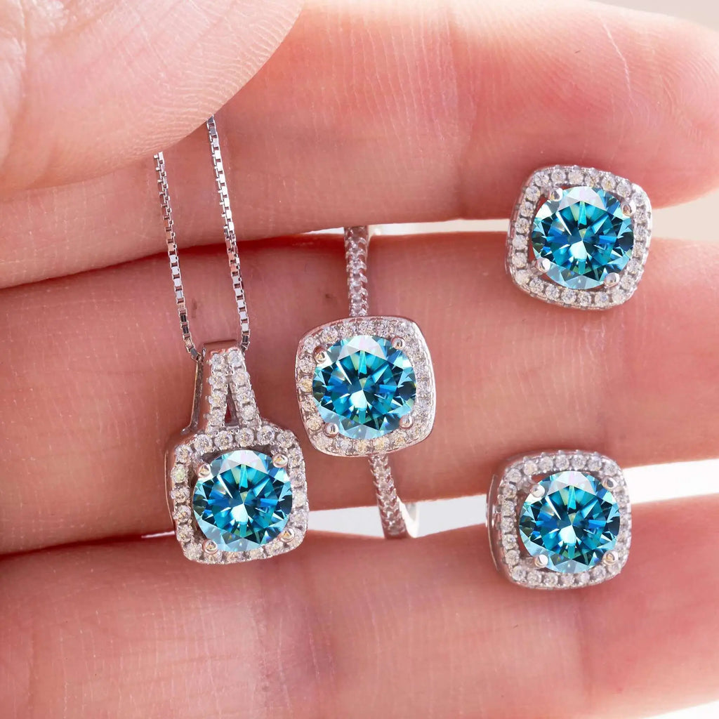 Cushion Halo Moissanite Ring, Stud Earrings & Necklace Set