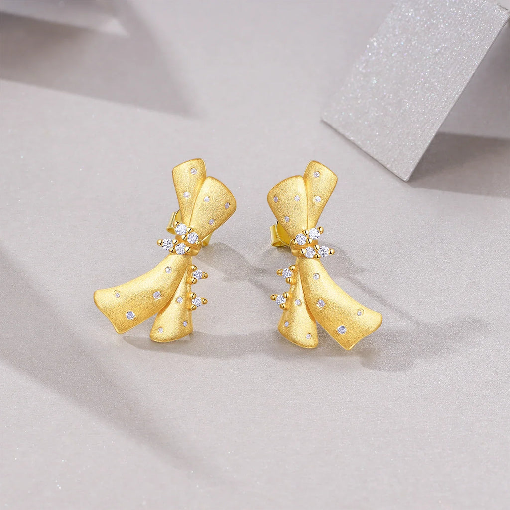 Gold-Tone Moissanite Ribbon Bow Stud Earrings