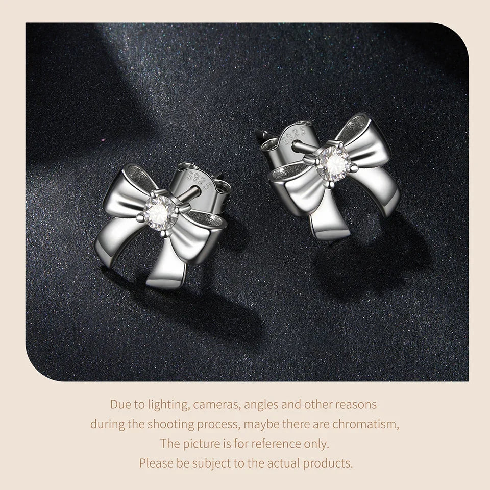 Moissanite Bow Stud Earrings & Ear Cuffs in Sterling Silver