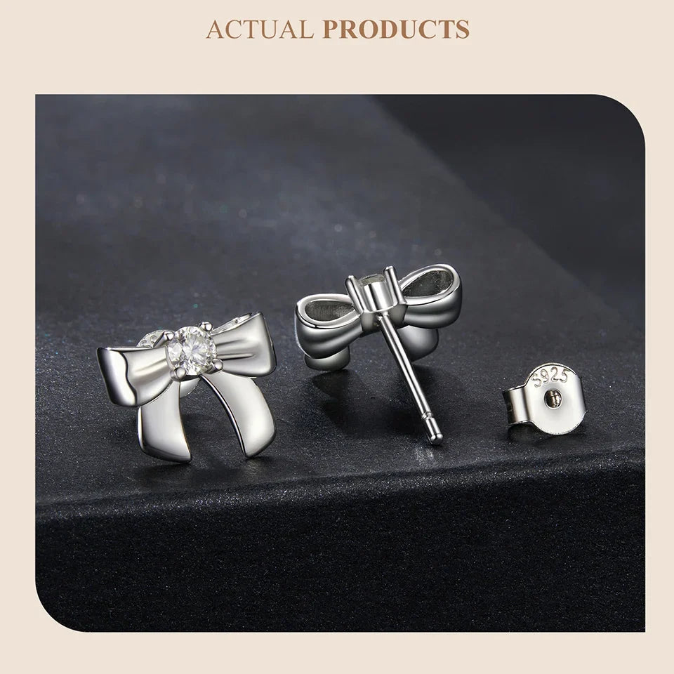 Moissanite Bow Stud Earrings & Ear Cuffs in Sterling Silver