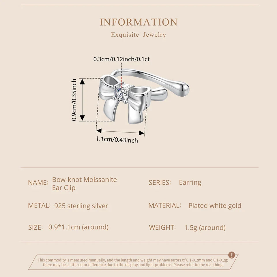 Moissanite Bow Stud Earrings & Ear Cuffs in Sterling Silver