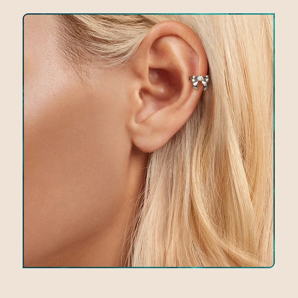 Moissanite Bow Stud Earrings & Ear Cuffs in Sterling Silver