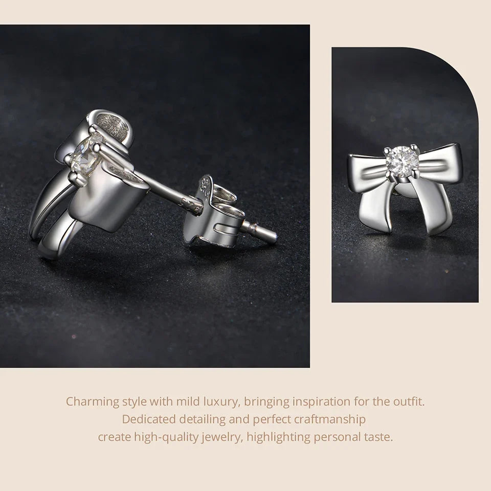 Moissanite Bow Stud Earrings & Ear Cuffs in Sterling Silver