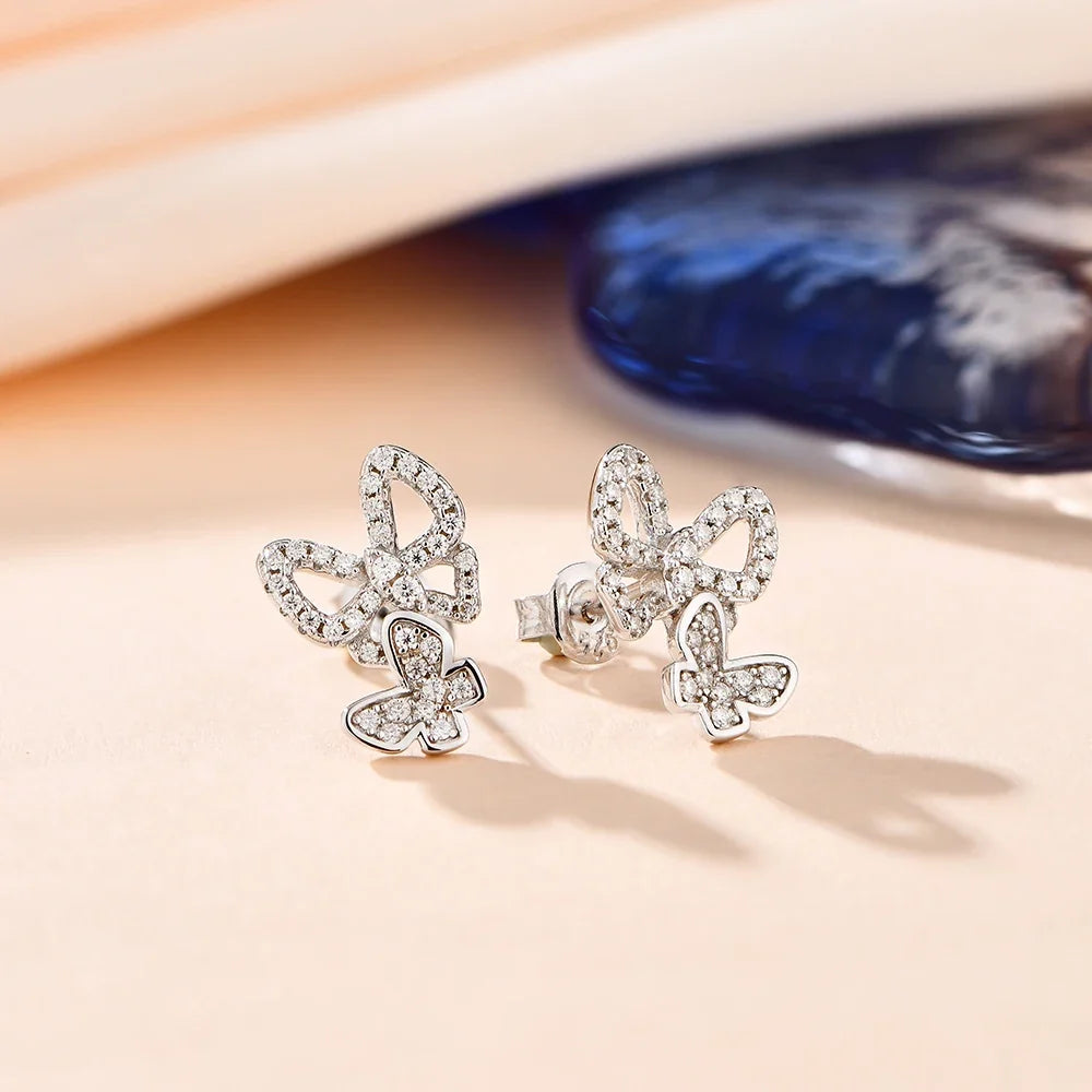 Double Butterfly Moissanite Stud Earrings in Sterling Silver