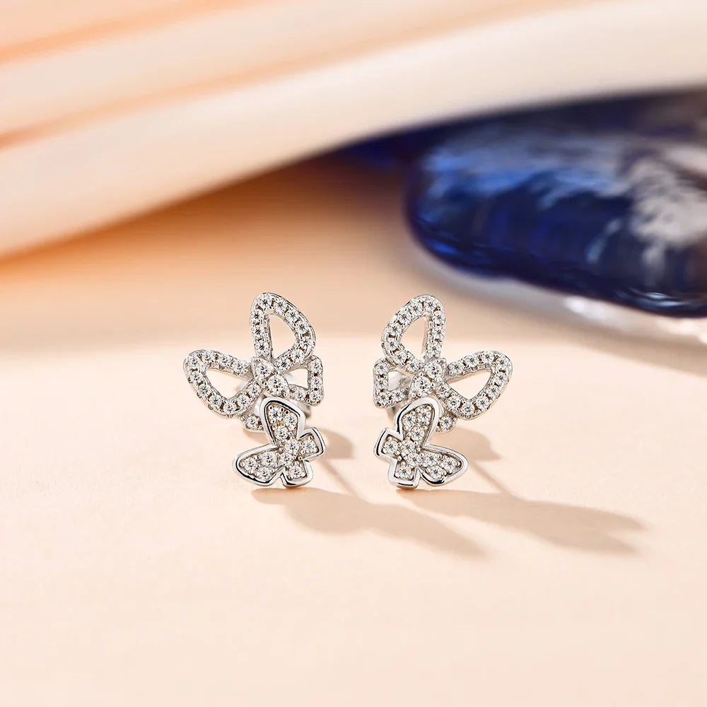 Double Butterfly Moissanite Stud Earrings in Sterling Silver