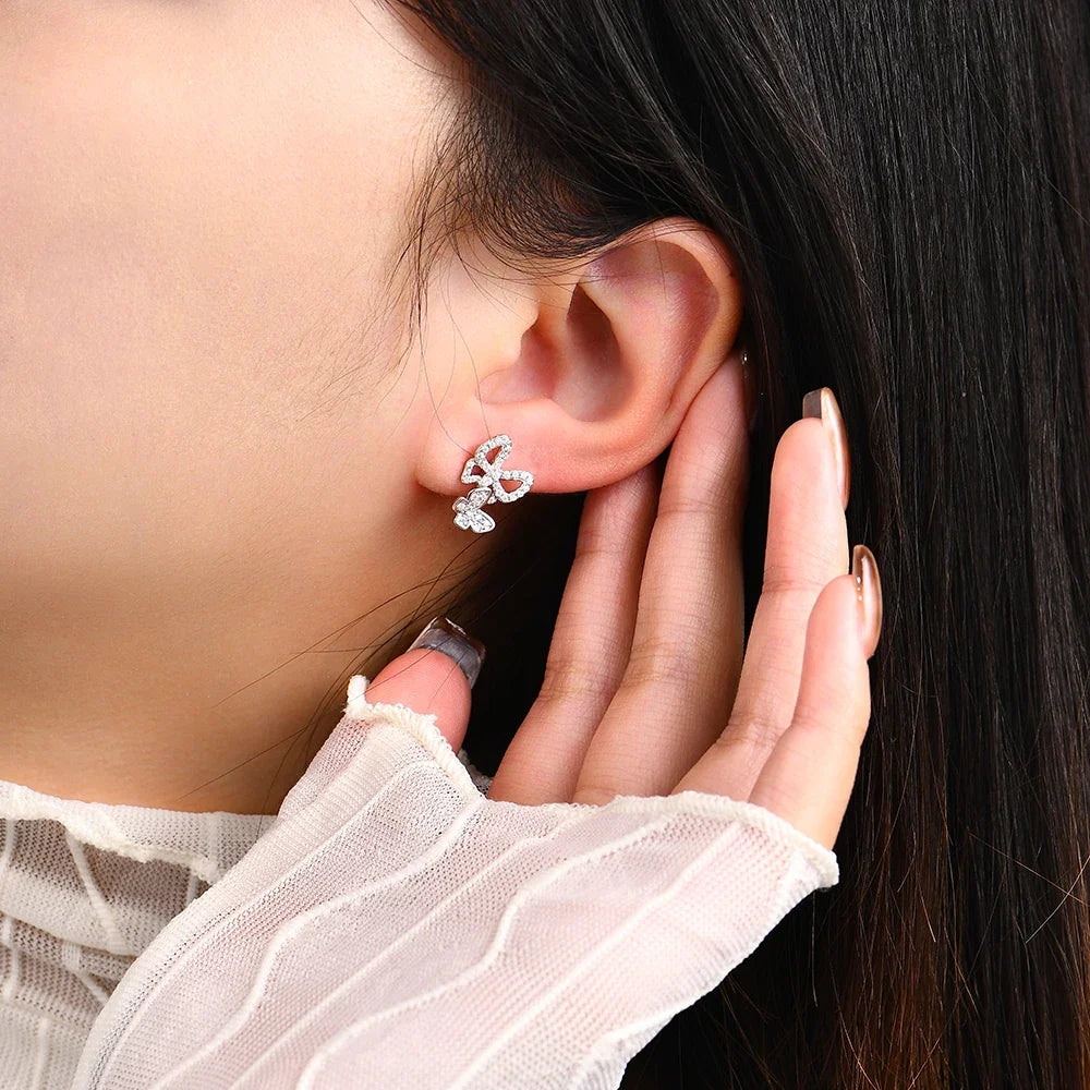 Double Butterfly Moissanite Stud Earrings in Sterling Silver