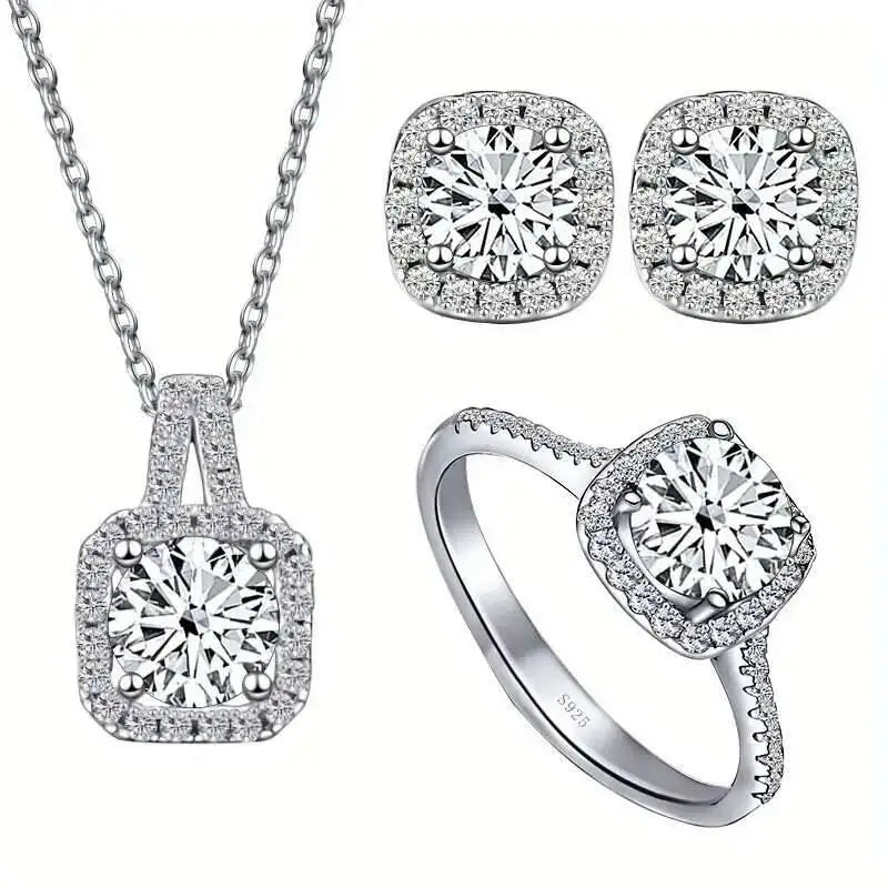 Cushion Halo Moissanite Ring, Stud Earrings & Necklace Set