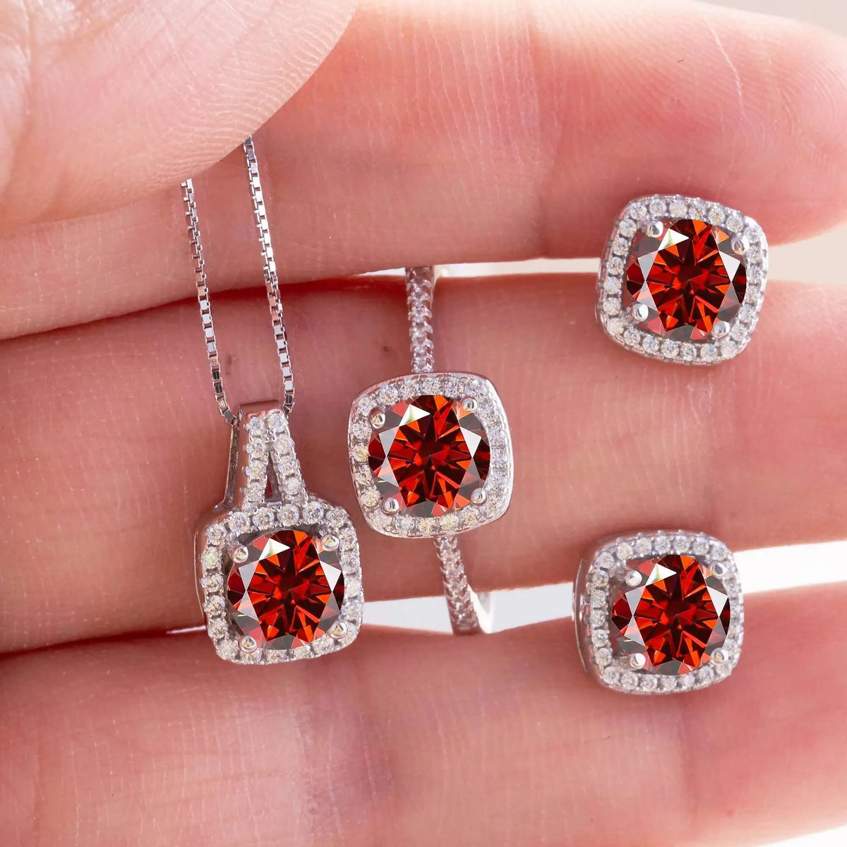 Cushion Halo Moissanite Ring, Stud Earrings & Necklace Set