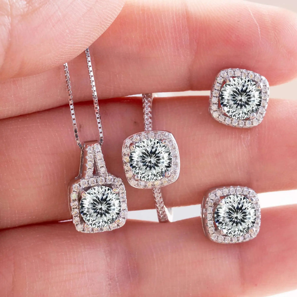 Cushion Halo Moissanite Ring, Stud Earrings & Necklace Set