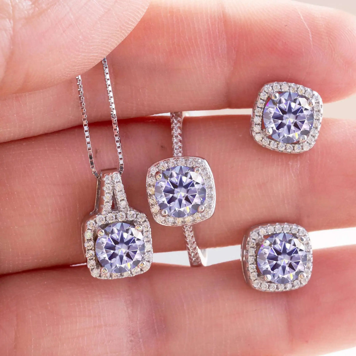 Cushion Halo Moissanite Ring, Stud Earrings & Necklace Set