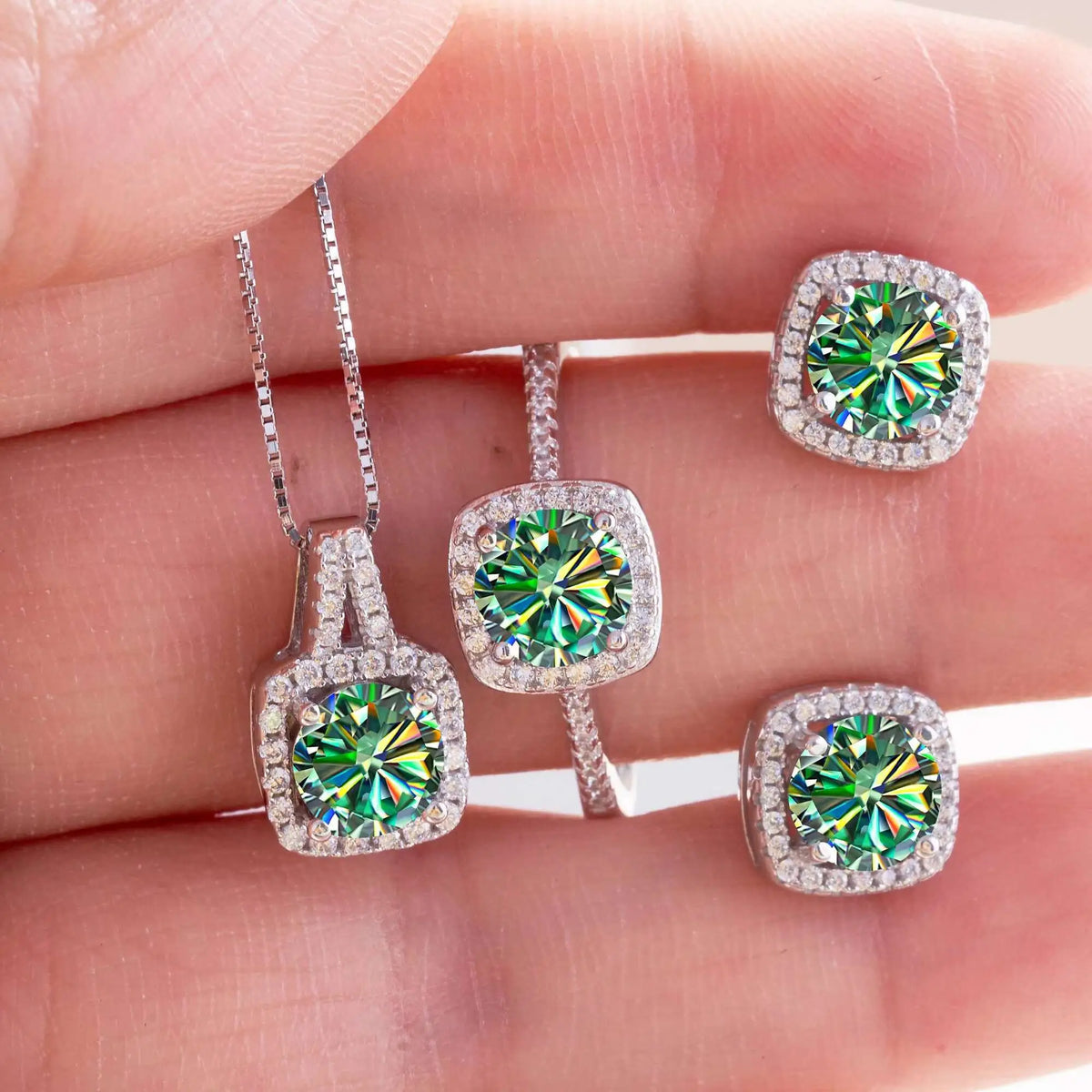 Cushion Halo Moissanite Ring, Stud Earrings & Necklace Set