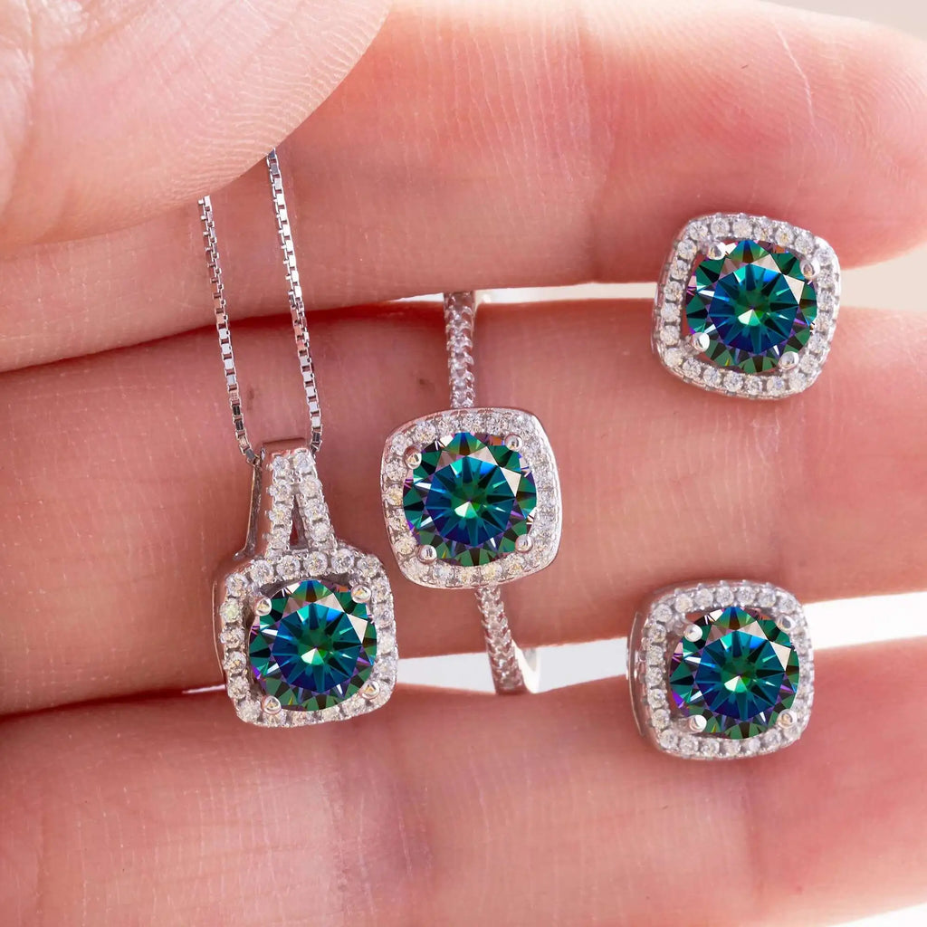 Cushion Halo Moissanite Ring, Stud Earrings & Necklace Set