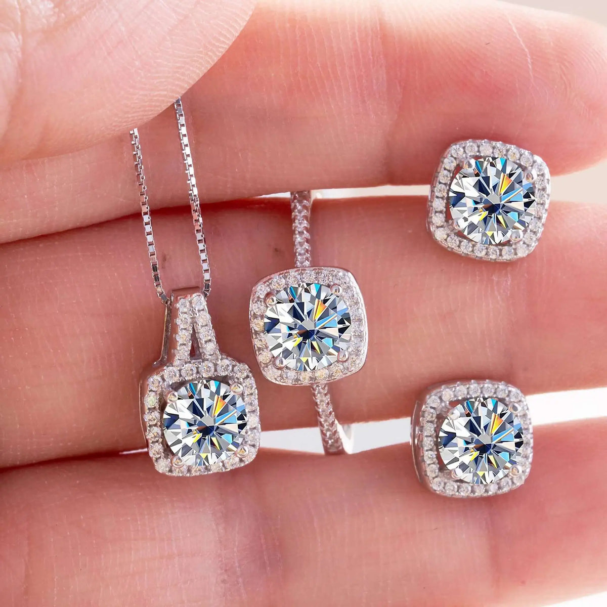 Cushion Halo Moissanite Ring, Stud Earrings & Necklace Set