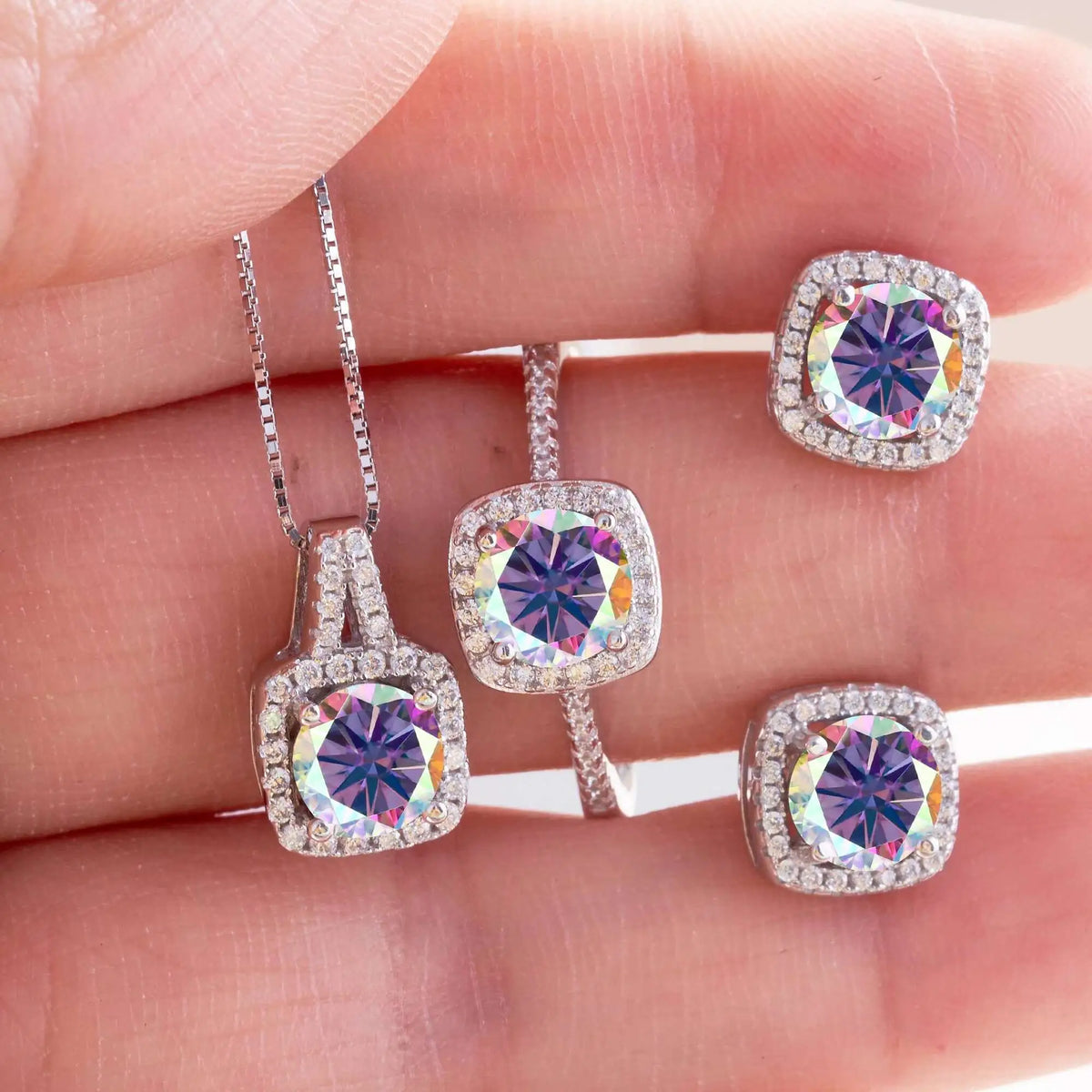 Cushion Halo Moissanite Ring, Stud Earrings & Necklace Set