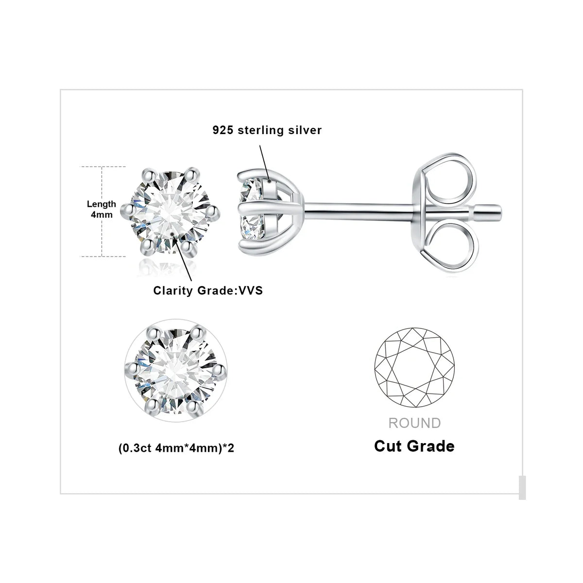 Round Moissanite Solitaire Stud Earrings in Three Metal Finishes