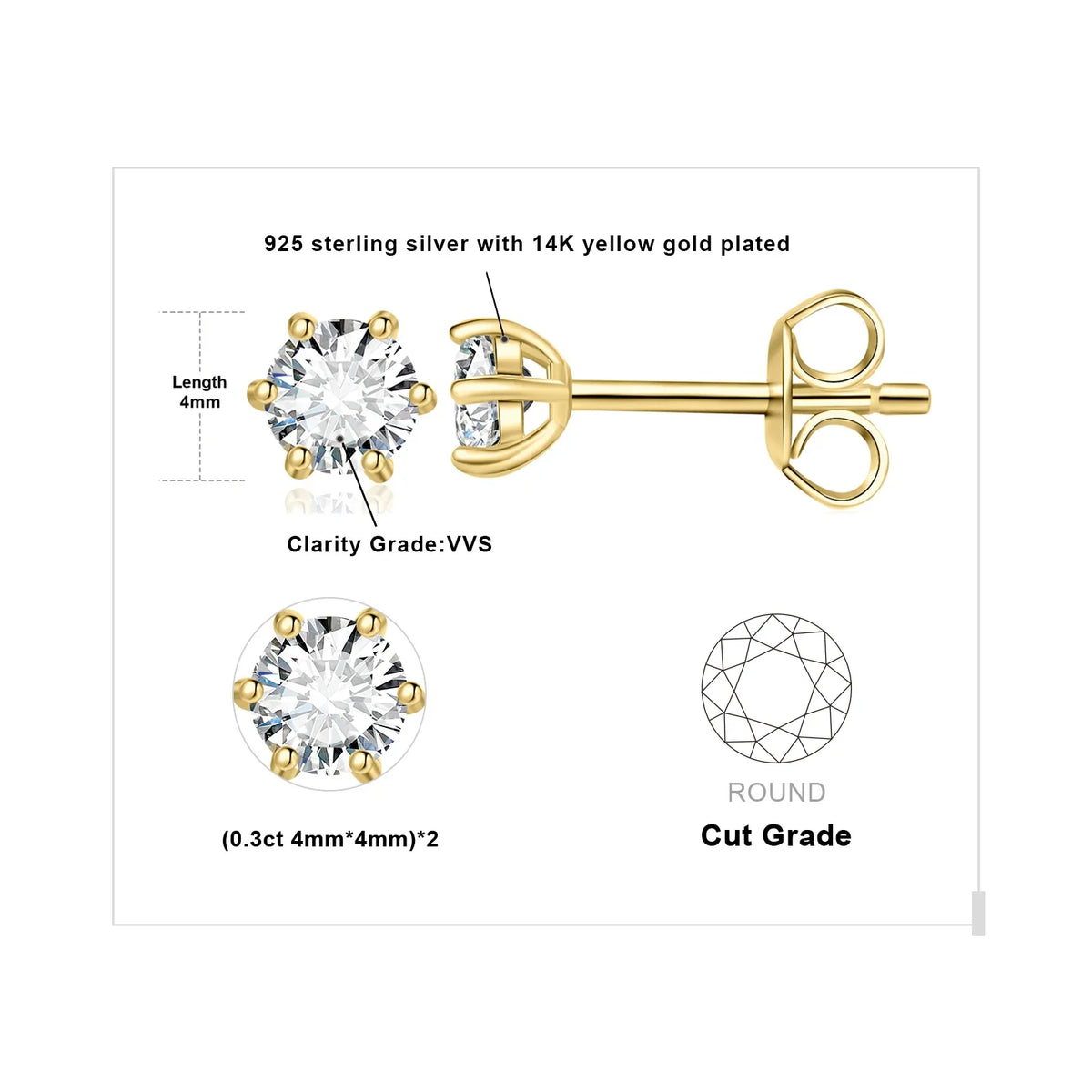 Round Moissanite Solitaire Stud Earrings in Three Metal Finishes