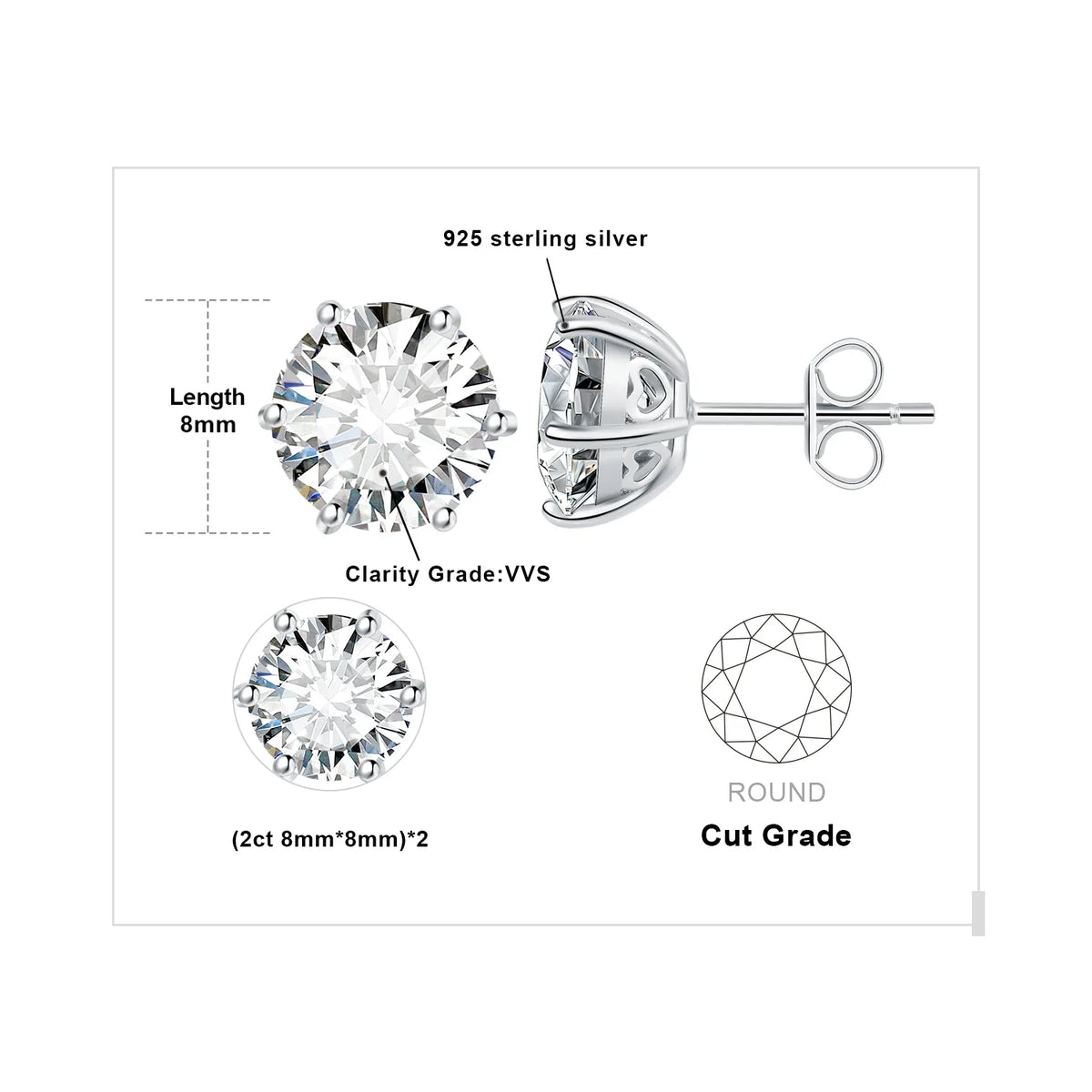 Round Moissanite Solitaire Stud Earrings in Three Metal Finishes