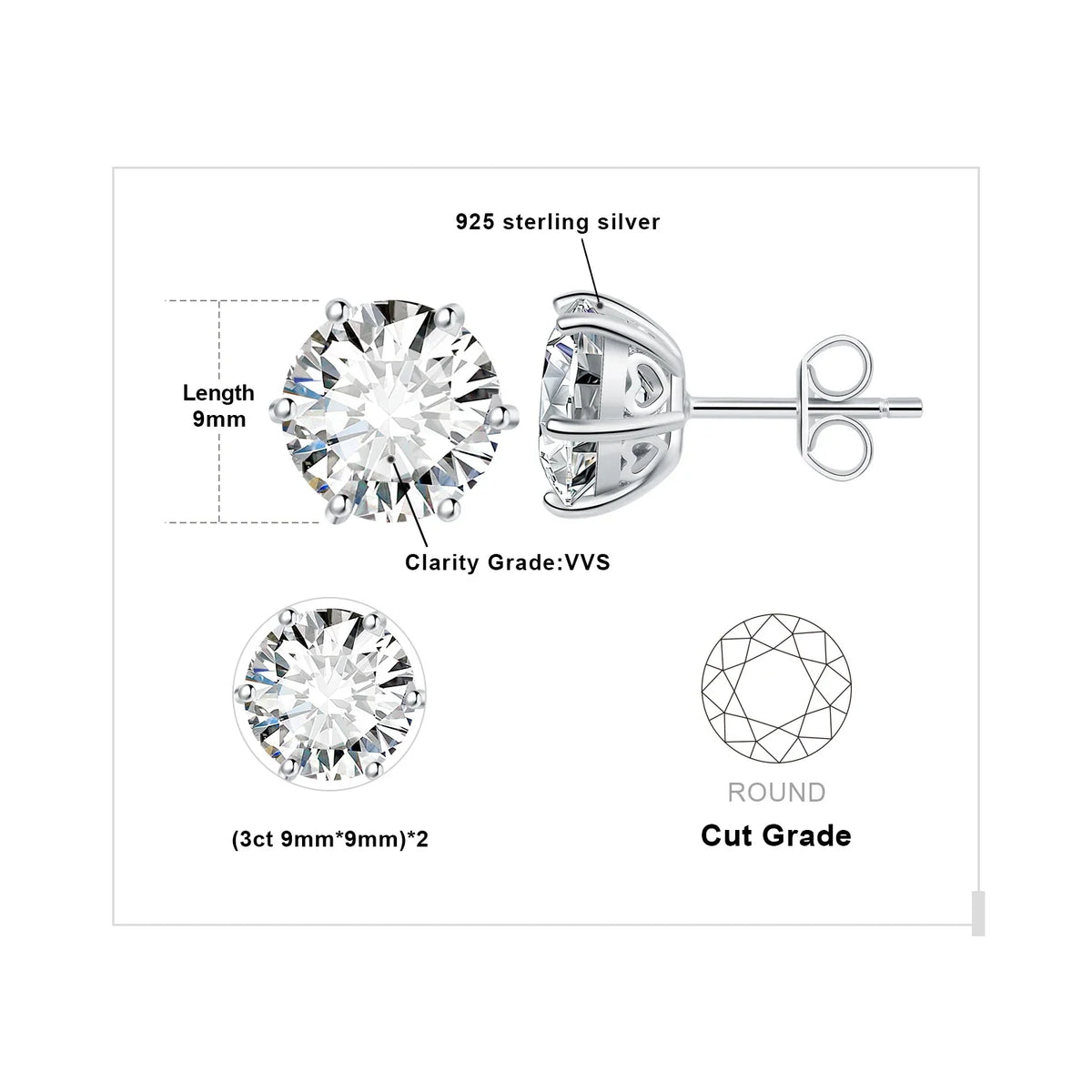 Round Moissanite Solitaire Stud Earrings in Three Metal Finishes