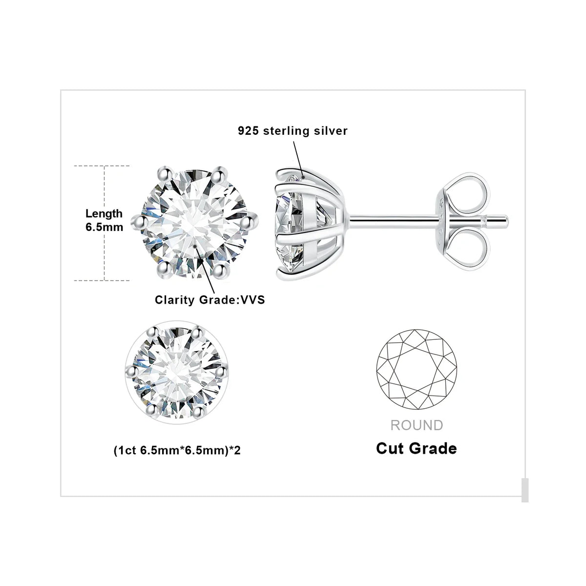 Round Moissanite Solitaire Stud Earrings in Three Metal Finishes