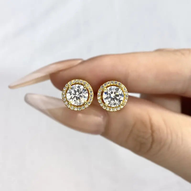 Round Halo Moissanite Stud Earrings in 925 Sterling Silver