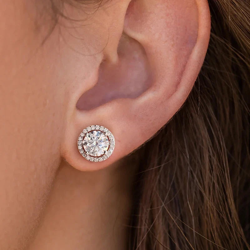 Round Halo Moissanite Stud Earrings in 925 Sterling Silver
