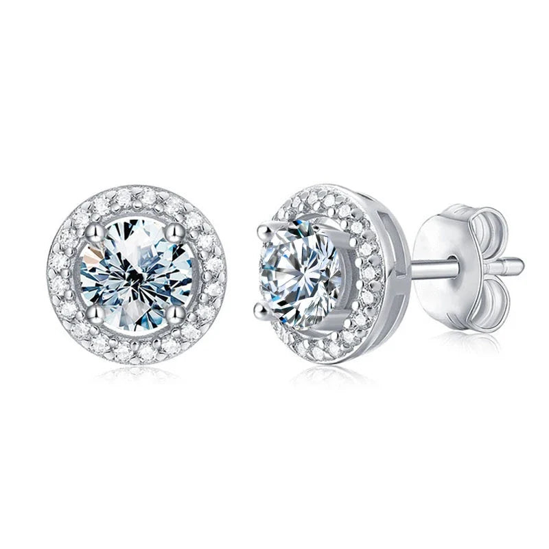Round Halo Moissanite Stud Earrings in 925 Sterling Silver