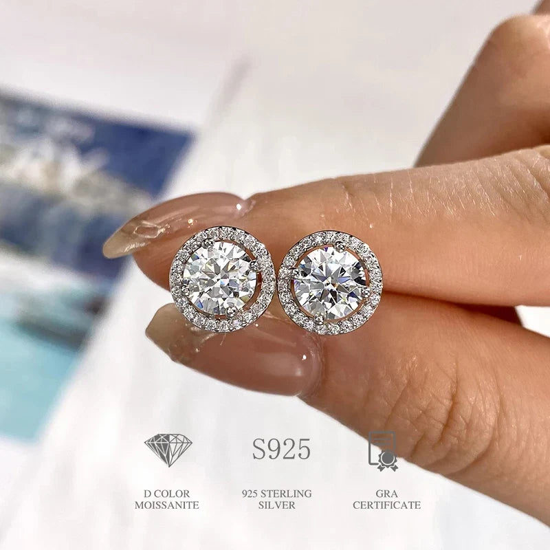 Round Halo Moissanite Stud Earrings in 925 Sterling Silver