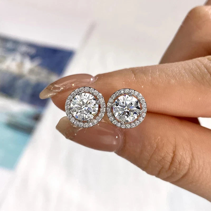Round Halo Moissanite Stud Earrings in 925 Sterling Silver