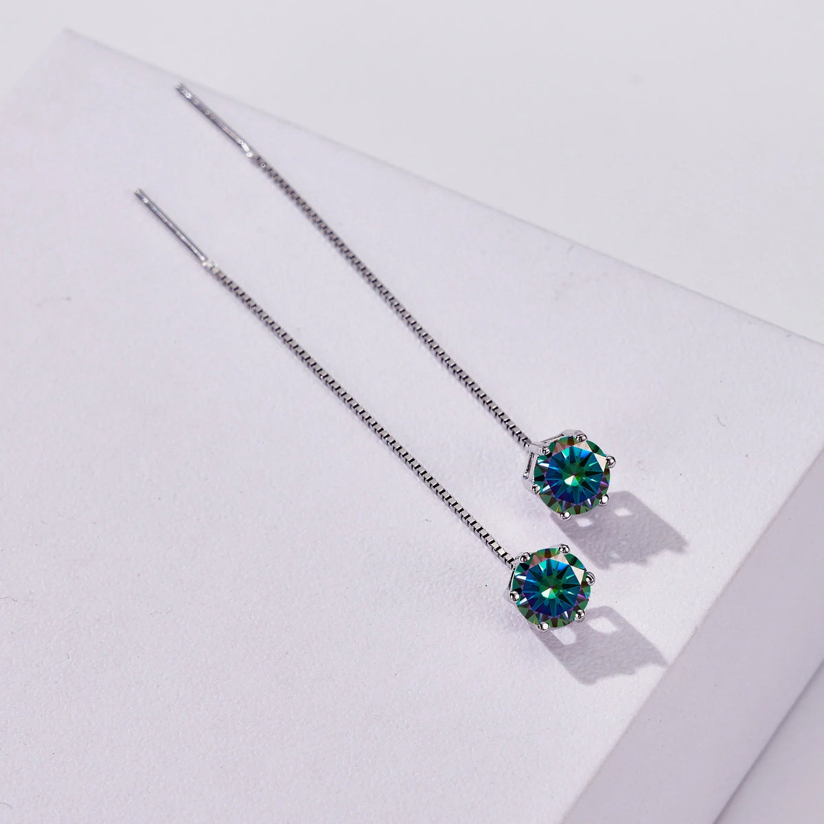 Colored Moissanite Chain Threader Earrings in Sterling Silver