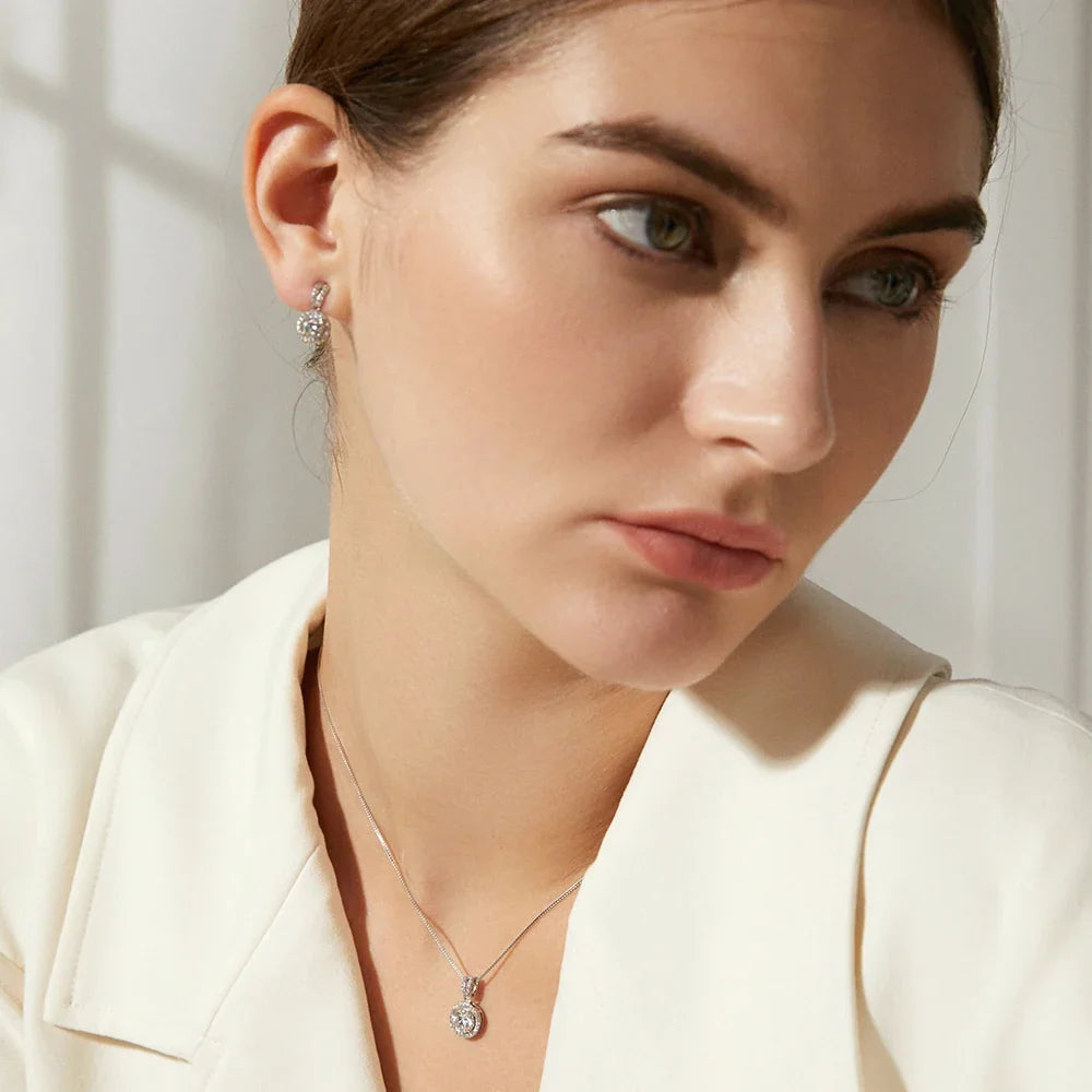 Moissanite Round Halo Drop Earrings in Sterling Silver