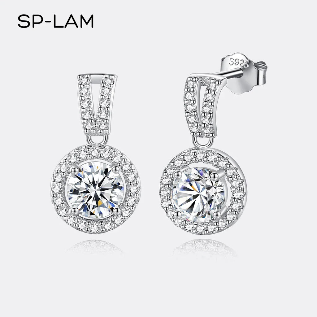 Moissanite Round Halo Drop Earrings in Sterling Silver
